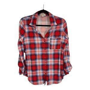 No Comment Women's stretchy Shirt Red & White Plaid Roll-up Sleeves Size M